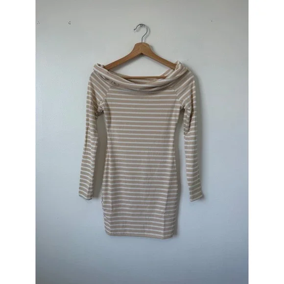 Iris Striped Off-the-Shoulder Mini Bodycon Dress – Taupe – Size large - Picture 2 of 6